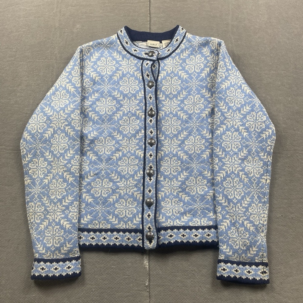 LL Bean Sweater Womens XS Merino Lambs Wool Cardigan Blue Fair Isle Button Up